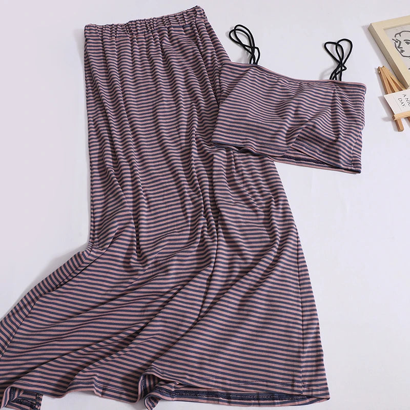 Women Summer Black Purple Stripe Backless Short Slip Tops And Elastic High Waist Pleated Split A Line Long Skirt 2024 New Suit