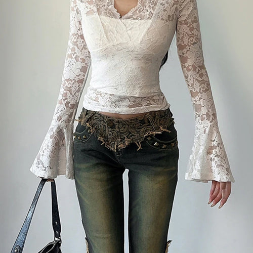 Load image into Gallery viewer, Lace Embroidery Flower Bodycon Shirts Spring Women Y2k Aesthetic Flare Sleeve Vintage T-shirt Grunge Sexy Cropped Fairy Tops
