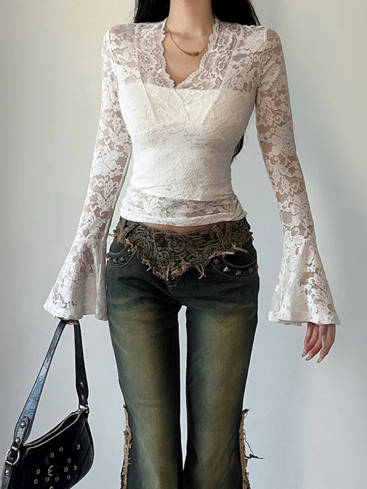 Lace Embroidery Flower Bodycon Shirts Spring Women Y2k Aesthetic Flare Sleeve Vintage T-shirt Grunge Sexy Cropped Fairy Tops