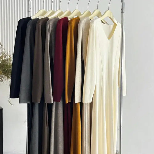 Load image into Gallery viewer, French Women's Autumn Winter Elegant Slim Knitted Sweater Dress Solid V-neck Long Sleeved Office Dress Fashion Simplicity Trendy
