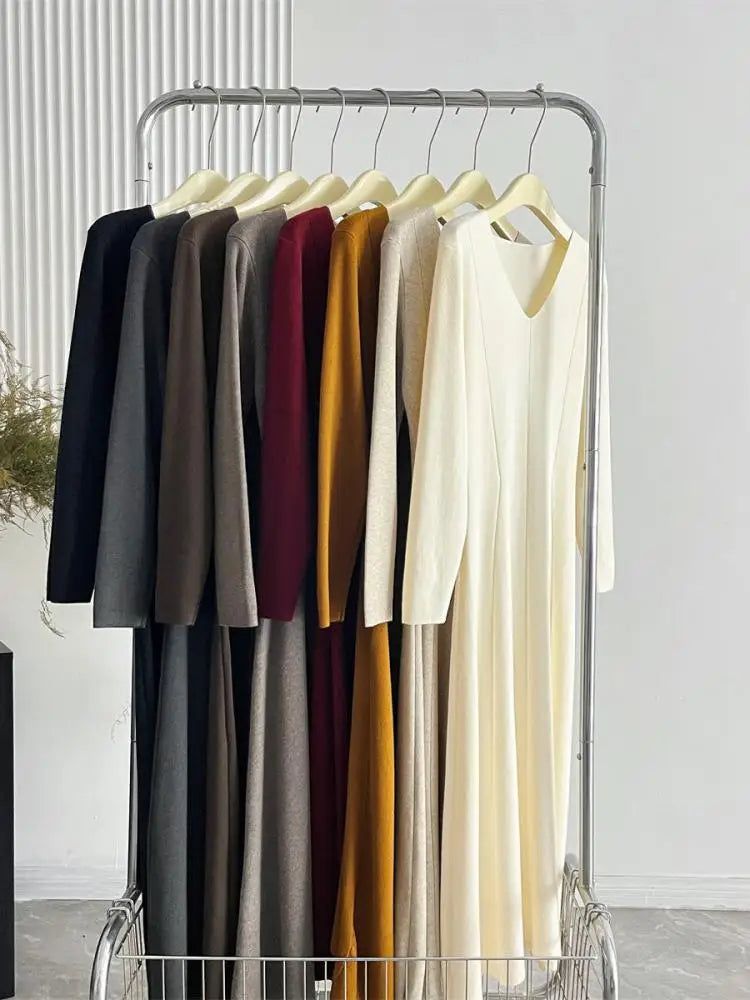 French Women's Autumn Winter Elegant Slim Knitted Sweater Dress Solid V-neck Long Sleeved Office Dress Fashion Simplicity Trendy
