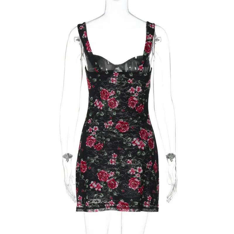 Mesh Print Sexy Mini Dress Women Summer New Spaghetti Strap Sleeveless Backless High Waist Beach Ruched Club Dress