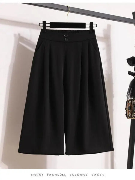 Spring Summer 2025 Black Office Wide Leg Seven Point Pants Women Khaki High Waist Baggy Fashion Festival Pleated Trousers Simple