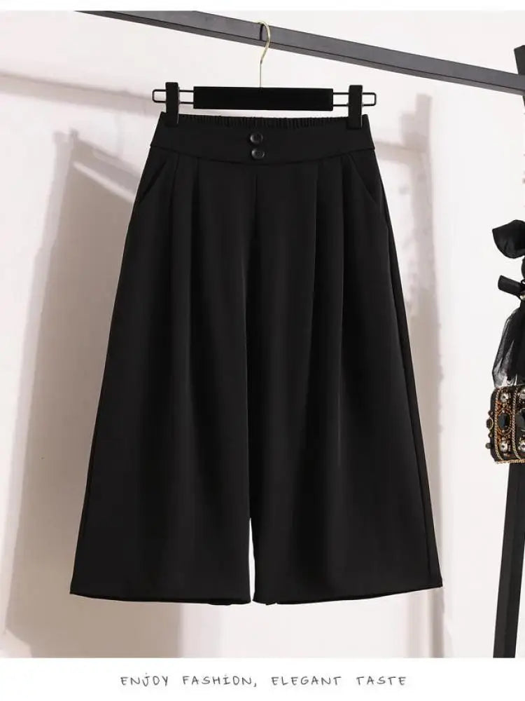 Spring Summer 2025 Black Office Wide Leg Seven Point Pants Women Khaki High Waist Baggy Fashion Festival Pleated Trousers Simple