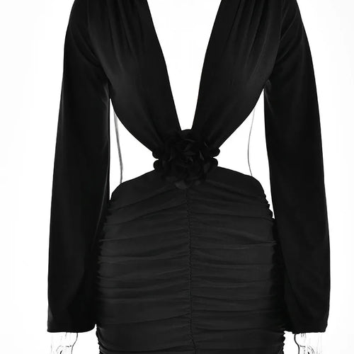 Load image into Gallery viewer, Sexy Deep V 3D Flower Women's Dress Bodycon Hollow Out  Backless Long Sleeve Folds Female Mini Dress Party Club Vestidos
