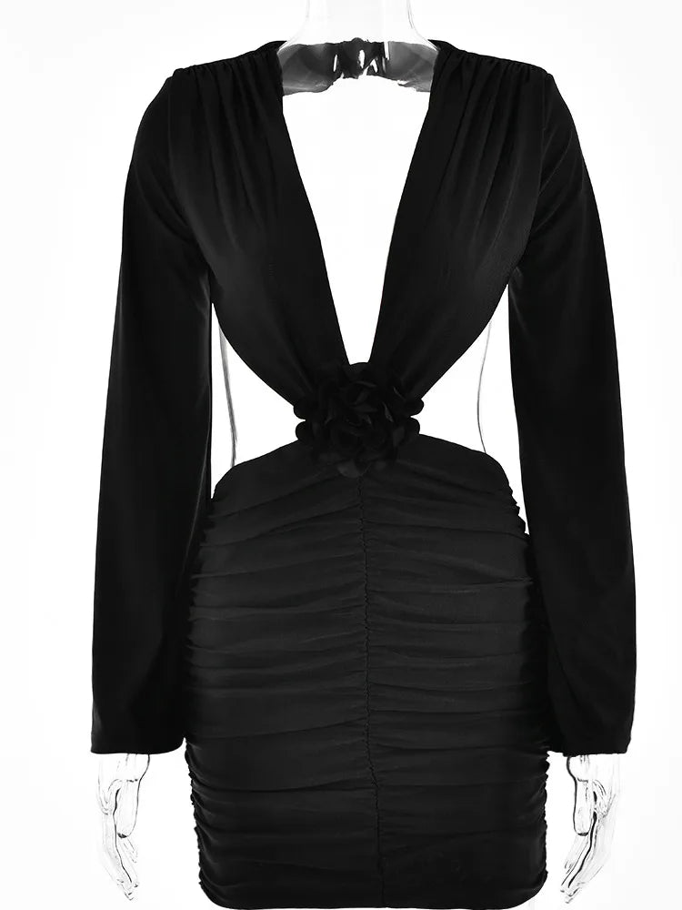 Sexy Deep V 3D Flower Women's Dress Bodycon Hollow Out  Backless Long Sleeve Folds Female Mini Dress Party Club Vestidos