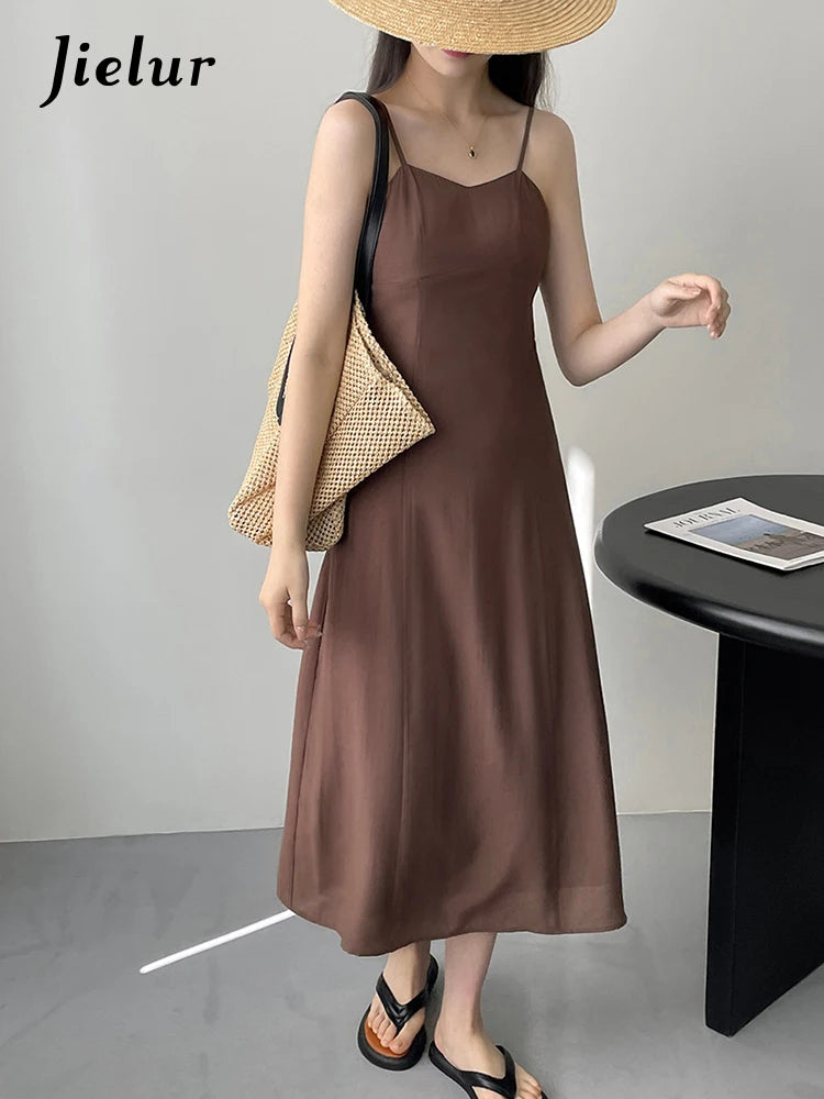 Elegant Summer Midi Dress Women Korean Slim Waist Simple Dresses Ladies Preppy Style Solid Color Sleeveless Dress Female