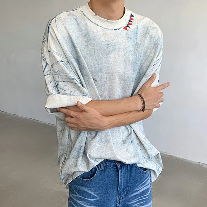 Men's T-shirts Handpainted Tie-dyed Design Short Sleeved Pullover Round Collar New Summer Style Male T-shirt 2025 9W1339