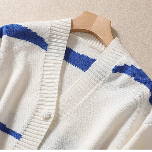Load image into Gallery viewer, Women Blue White Striped Patchwork Knit Sweater Autumn Winter Long Sleeve Single Breasted Cardigan Korean Fashion Short Tops New
