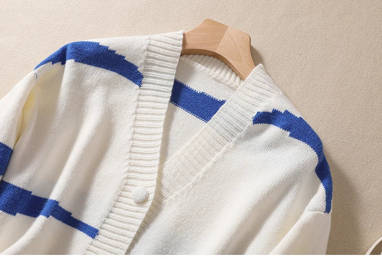 Women Blue White Striped Patchwork Knit Sweater Autumn Winter Long Sleeve Single Breasted Cardigan Korean Fashion Short Tops New