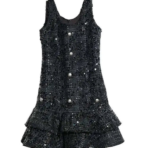 Load image into Gallery viewer, Women Black Sequins Tassels Ruffles Mini Elegant Dress New Round Neck Sleeveless Fashion Tide Spring Autumn 2025 1DH8269
