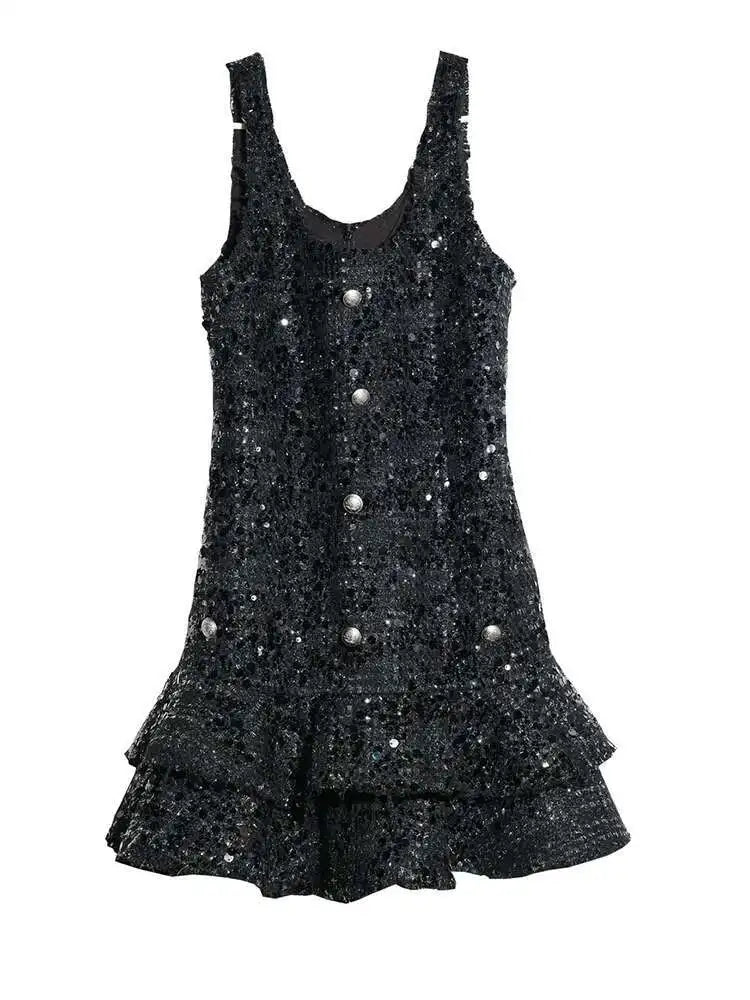 Women Black Sequins Tassels Ruffles Mini Elegant Dress New Round Neck Sleeveless Fashion Tide Spring Autumn 2025 1DH8269