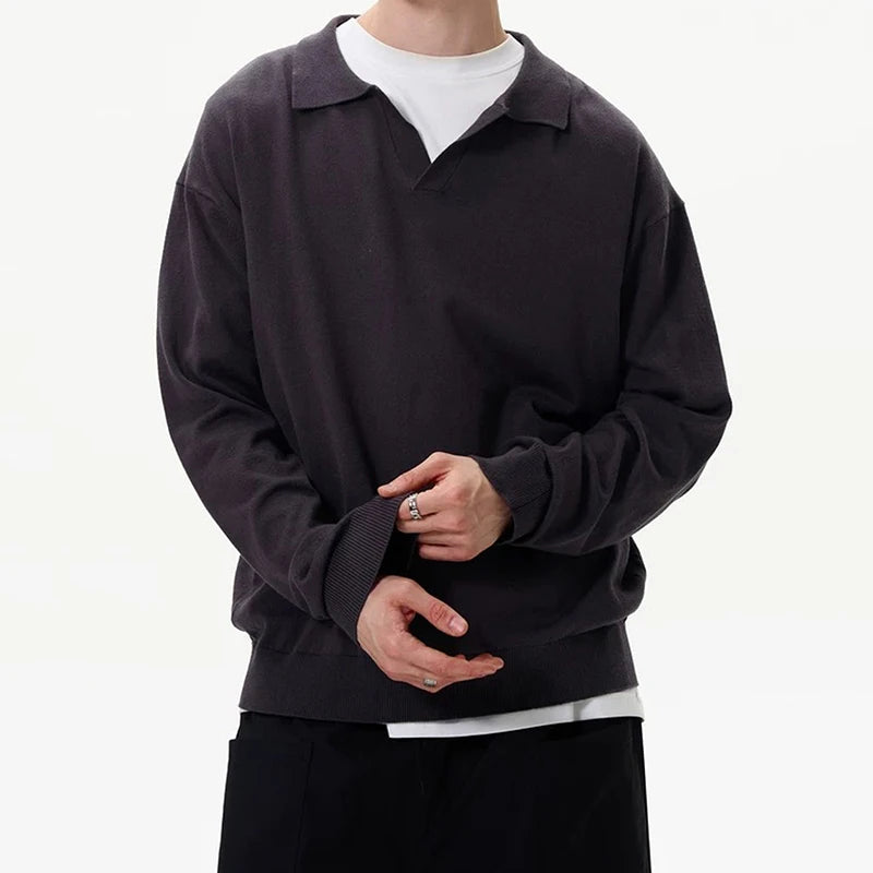 Men's T-shirts New American Long Sleeve T-shirt Turn-down Collar Style Male Solid Color Tops Menwear Spring Summer 9W1459