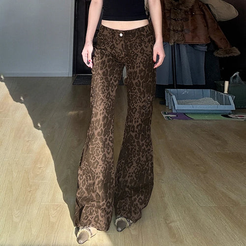 Load image into Gallery viewer, Streetwear Leopard Print Rivet Decorated Jeans Women Fashion Full Lenght Flare Dimen Trousers Button-Fly Bottoms Chic
