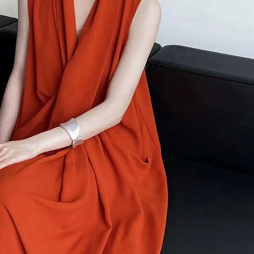 Load image into Gallery viewer, Women Orange Pocket Knot Elegant  Long Big Size Dress New V-Neck Sleeveless Fashion Tide Spring Summer 2025 1DH6380
