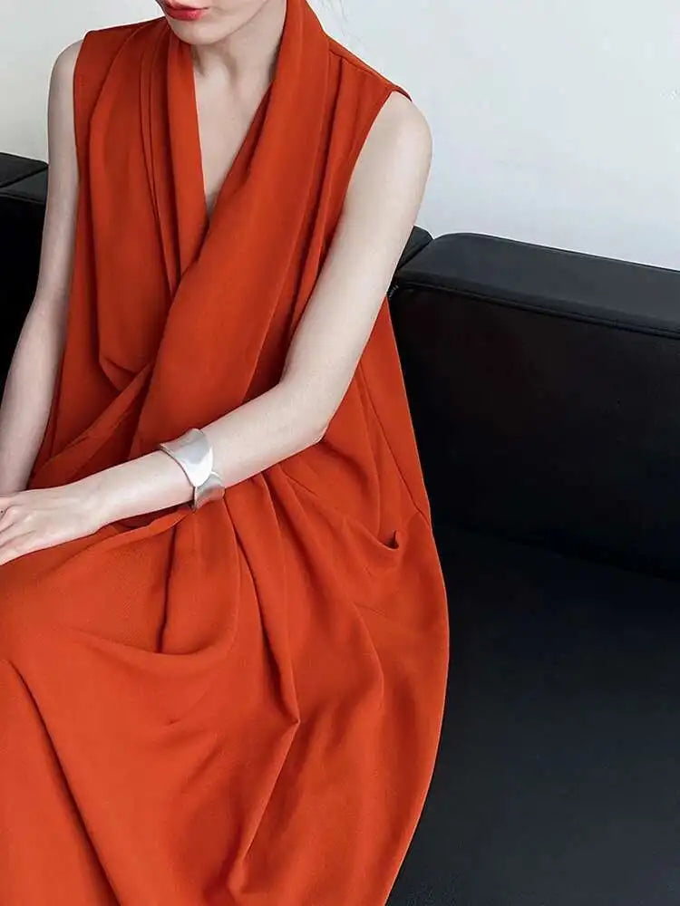 Women Orange Pocket Knot Elegant  Long Big Size Dress New V-Neck Sleeveless Fashion Tide Spring Summer 2025 1DH6380