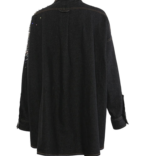 Women Black Denim Rhinestones Shining Big Size Blouse New Lapel Long Sleeve Shirt Fashion Tide Spring Autumn 2025 1DH9825