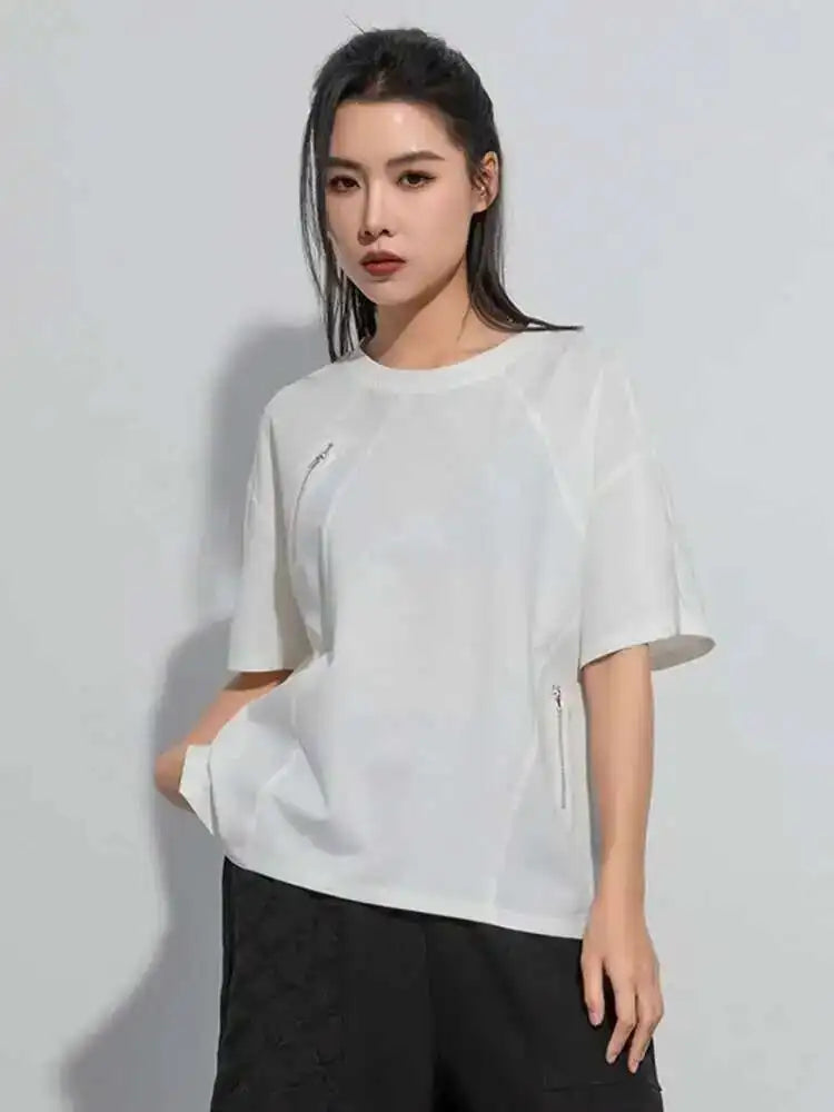 Women Black Green Color-block Big Size Zipper T-shirt New Round Neck Short Sleeve Fashion Tide Spring Summer 2025 1DH5062