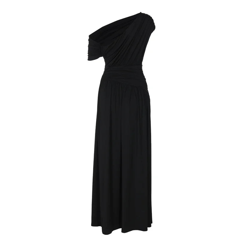 Incline Shoulder Backless Sexy Maxi Dress Women Summer New Fashion Sleeveless Pleated Ruched Club Party Long Dress