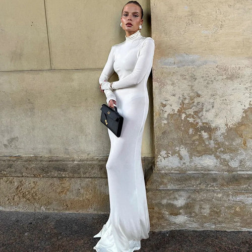 Load image into Gallery viewer, Turtleneck Long Sleeve Maxi Dress Women Gown Autumn Winter New Solid Sexy Long Dress Femme Fashion Floor-length Dress
