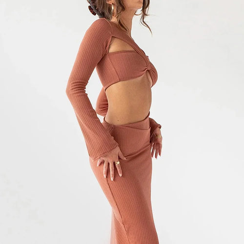 Load image into Gallery viewer, Sexy V-neck Hollow Out Maxi Dress Women Brown Long Sleeve Elegant Dress Female Summer Skinny Fashion Party Clubwear 2022
