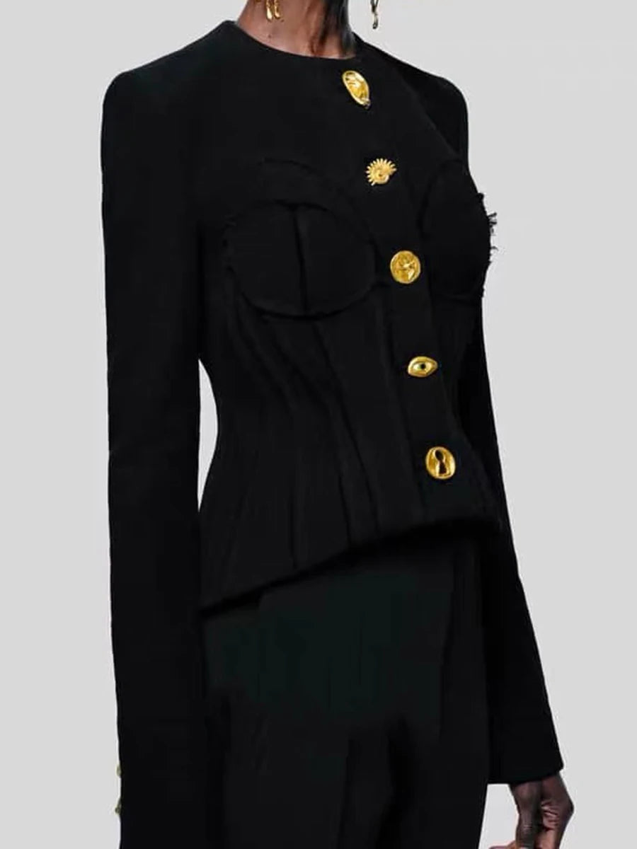 Solid Spliced Single Breasted Two Piece Sets for Women Round Neck Long Sleeves Top High Waist Split Skirt Set Female