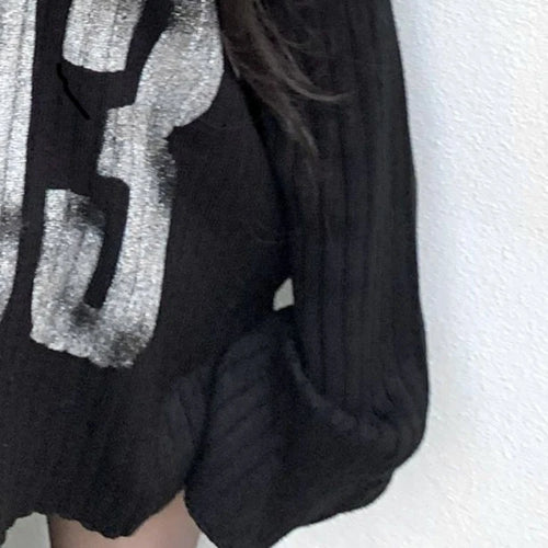Load image into Gallery viewer, Casual Grunge Harajuku Knitted Sweaters 2025 Off Shoulder Black Letter Printing Jumpers Y2k Aesthetic Vintage Loose Pullovers
