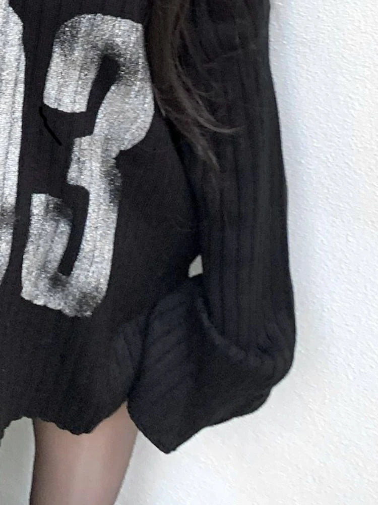 Casual Grunge Harajuku Knitted Sweaters 2025 Off Shoulder Black Letter Printing Jumpers Y2k Aesthetic Vintage Loose Pullovers