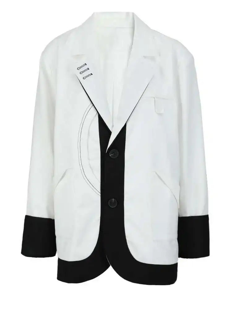 Women Black Coolor-block Big Size Casual Blazer New Lapel Long Sleeve Loose Jacket Fashion Tide Spring Autumn 2025 1DF6379