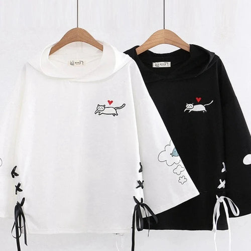 Load image into Gallery viewer, Women Black Cartoon Cat Embroidery Hooded Sweatshirt Lace Up Korean Hoodies Summer Harakuju Casual Cute
