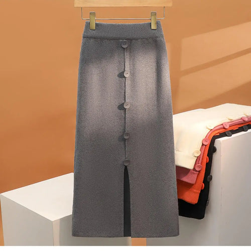 Load image into Gallery viewer, Solid Knit Wrap Hip Skirts Women 2023 Autumn Winter New Fashion Midi Skirt Vintage Casual Elastic High Waist Button Split Skirt

