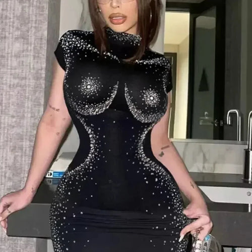 Load image into Gallery viewer, 3d Body Rhinestone Black Short Bodycon Dress for Women Dinner Outfits Night Classy Going Out Dress Club Wear C70-CC22
