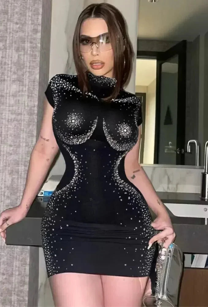 3d Body Rhinestone Black Short Bodycon Dress for Women Dinner Outfits Night Classy Going Out Dress Club Wear C70-CC22