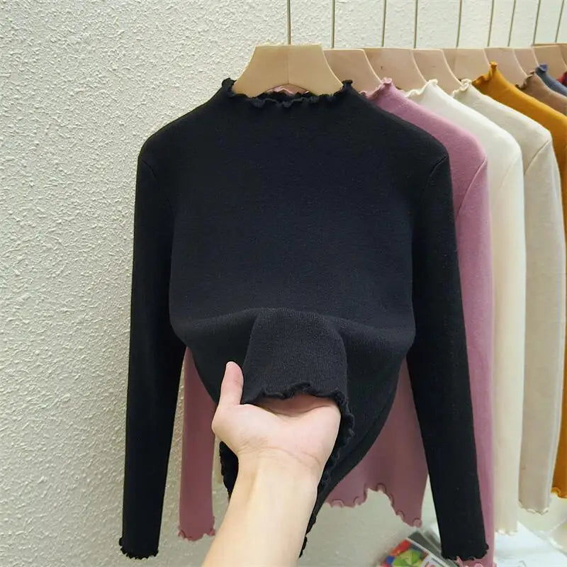 Autumn Winter Korean Solid Half Height Collar Velvet Knit Sweater Women Fashion Warm Long Sleeve Festival Pullovers Tops Casual