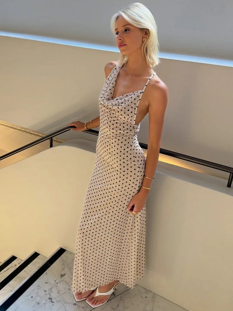 Spaghetti Strap Polka Dot Dress For Women Gown Fashion Irregular V Neck Sleeveless Backless Bodycon Club Long Dress