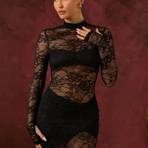 Load image into Gallery viewer, Elegant Lace Long Sleeved Bodysuit Half Skirt Two-piece Set Women Sexy Perspective Slim Set Winter New 2025 Clothing
