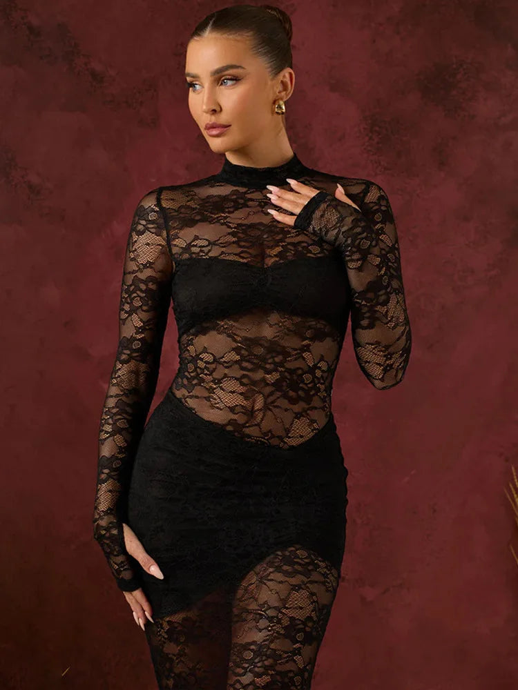 Elegant Lace Long Sleeved Bodysuit Half Skirt Two-piece Set Women Sexy Perspective Slim Set Winter New 2025 Clothing