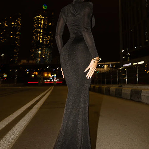 Load image into Gallery viewer, Elegant Long Sleeved Tight Hollow Out Shiny Bodycon Party Club Evening Dress 2025 Spring New Sexy Fishtail Vestidos
