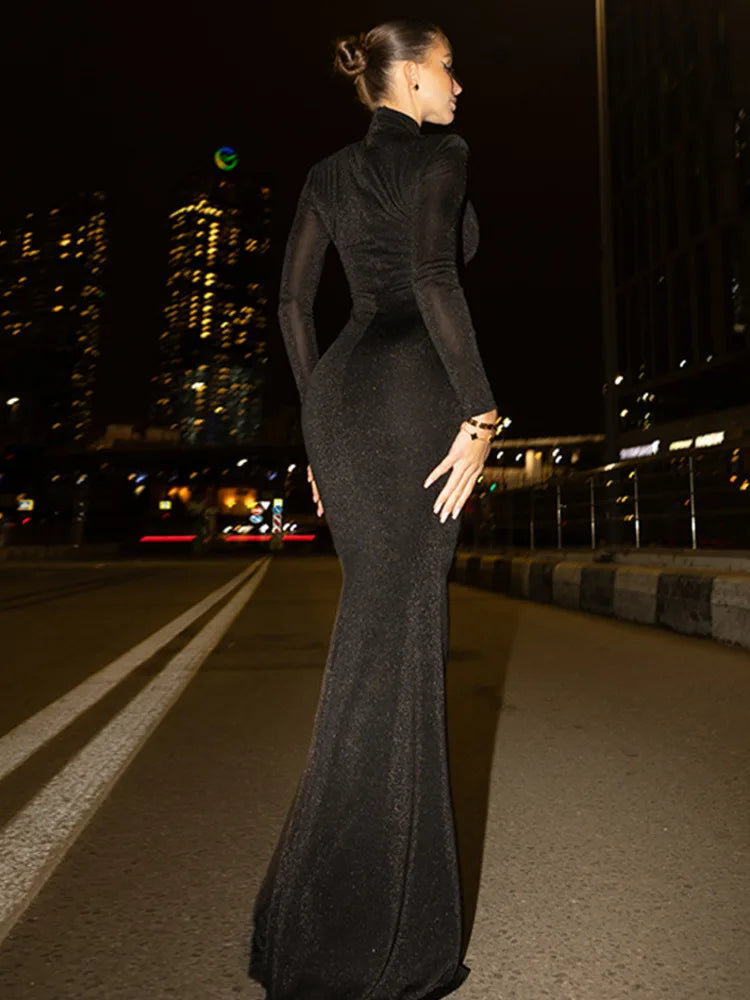 Elegant Long Sleeved Tight Hollow Out Shiny Bodycon Party Club Evening Dress 2025 Spring New Sexy Fishtail Vestidos