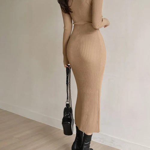 Load image into Gallery viewer, Autumn Knit Knitted Korean Vintage Bodycon Wrap Long Dress Women Kpop Elegant Long Sleeve Party Dresses
