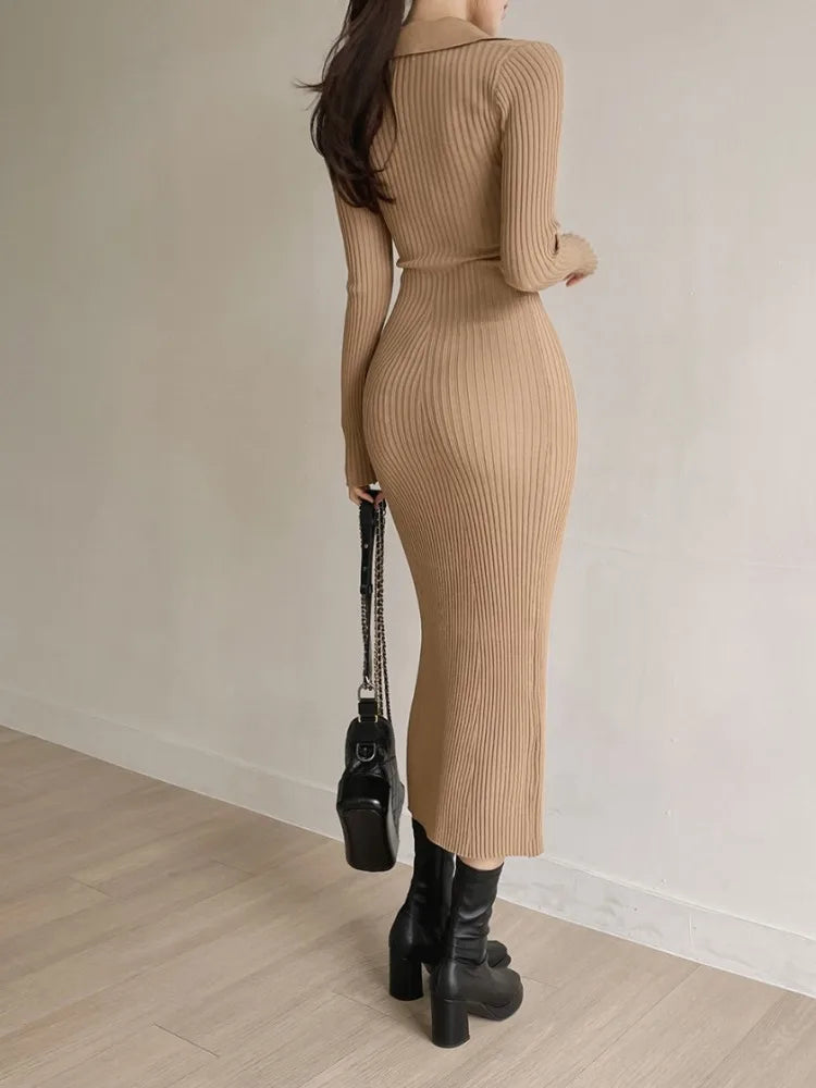 Autumn Knit Knitted Korean Vintage Bodycon Wrap Long Dress Women Kpop Elegant Long Sleeve Party Dresses