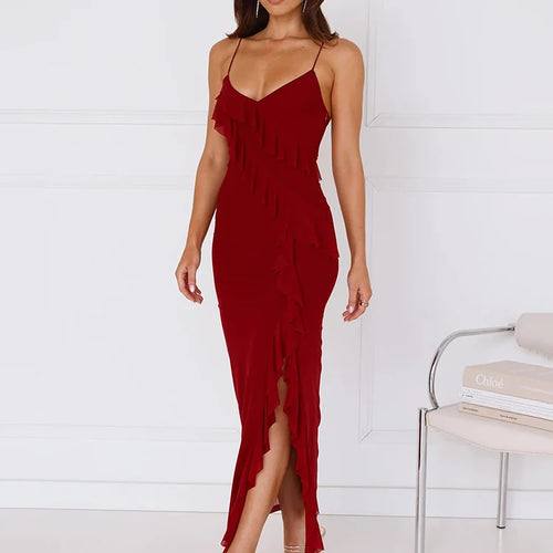 Load image into Gallery viewer, Spaghetti Strap Ruffle Sexy Maxi Dress Women Summer New Lace-up Sleeveless Backless Split Bodycon Long Dress Elegant
