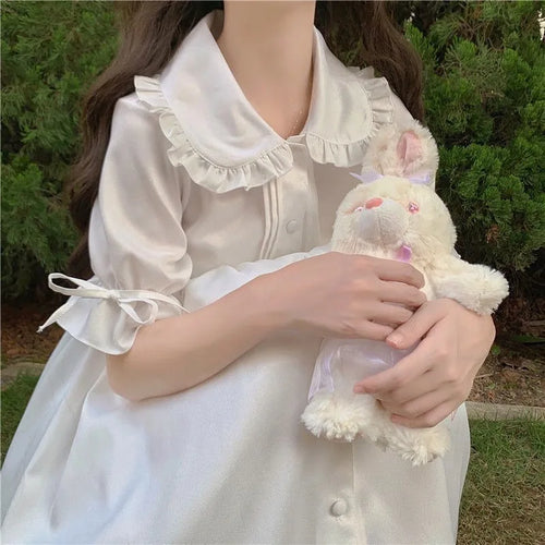 Load image into Gallery viewer, White Kawaii Lolita Dress For Girls Soft Princess Fairy Peter Pan Collar Dress Japanese Style Cute Puff Sleeve Party Dress
