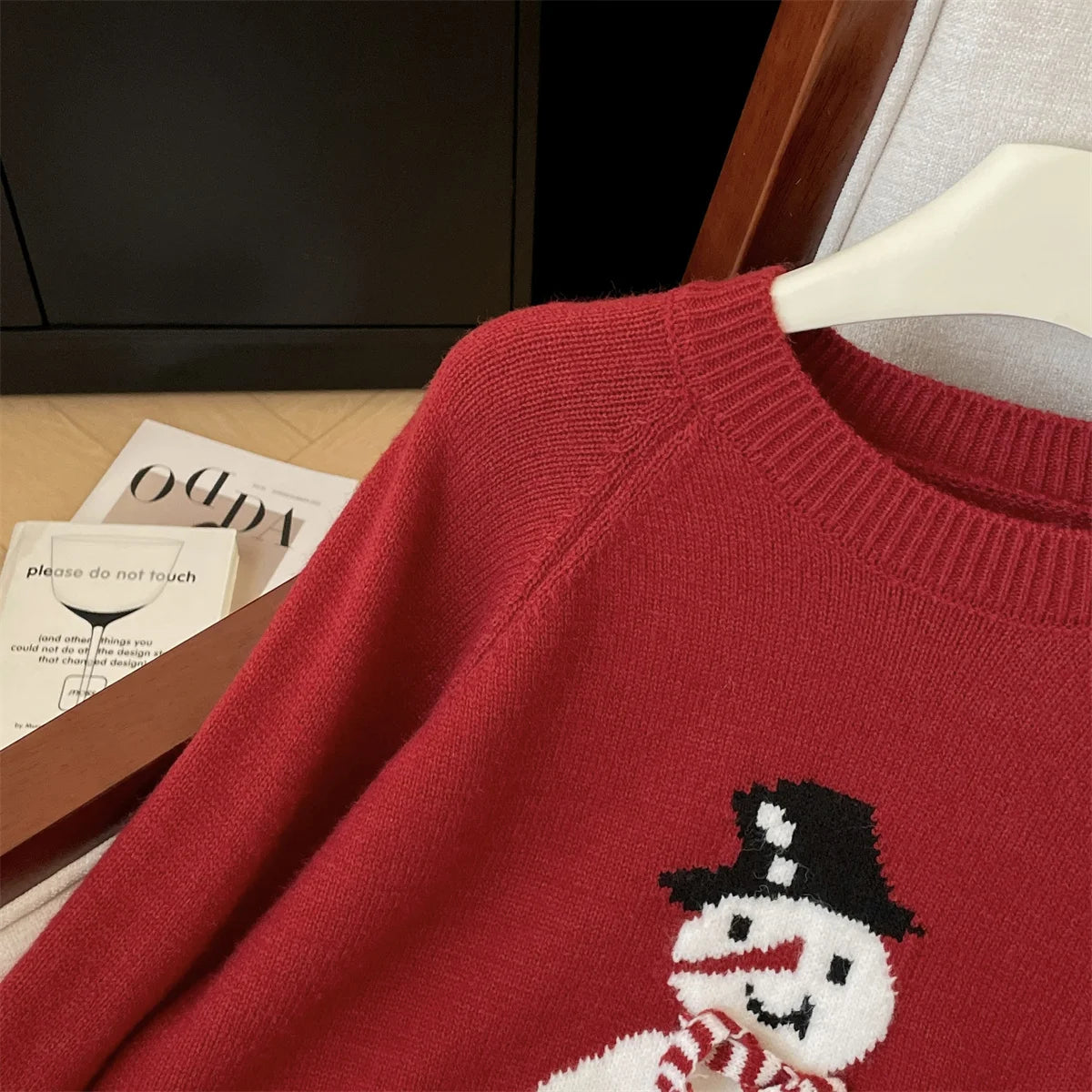 French Autumn Winter Blue Snowman Elegant Pullover Short Sweater Women Vintage 2024 New Red Round Neck Long Sleeved Knitted Tops