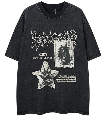 Vintage Oversized Tshirt Y2K Grunge Streetwear Embroidered Patch Punk Gothic Urban T-Shirt Hip Hop Harajuku Casual Baggy Top Tee