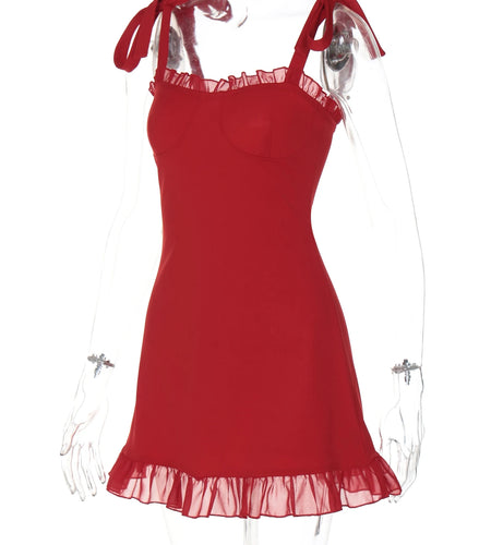 Elegant Solid Slips Ruffles Backless Bandage Patchwork Sexy Slim Mini Dress Summer Women Outfits Party Beach Festival