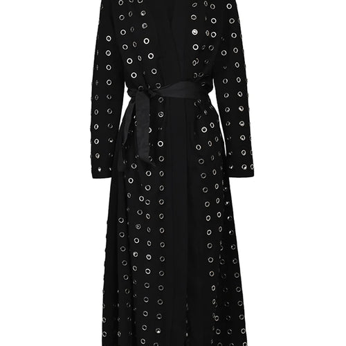 Load image into Gallery viewer, Women Black Hollow Out Belted Long Trench New V-neck Long Sleeve Windbreaker Fashion Tide Spring Autumn 2025 1DH532401
