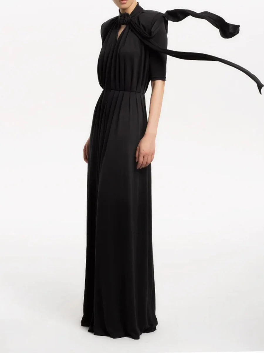 Solid Hollow Out Loose Dresses For Women O Neck Short Sleeve High Waist  Temperament Long Dress Female Fashion New