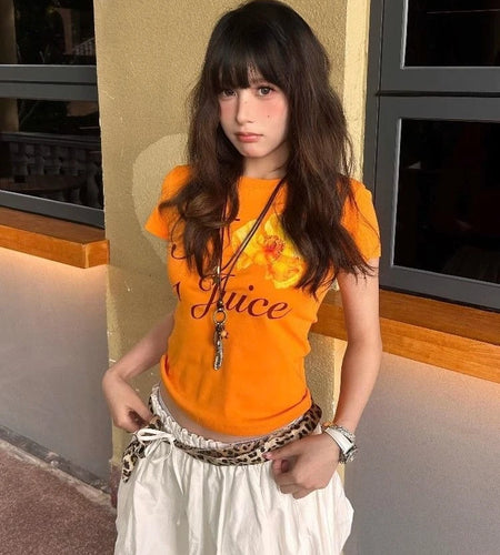 Harajuku Orange Flower Letter Printing T-shirts Streetwear Vintage Bodycon Fairy Tshirts Summer Women Y2k Aesthetic Grunge Tops