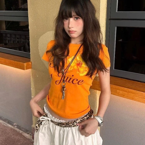 Load image into Gallery viewer, Harajuku Orange Flower Letter Printing T-shirts Streetwear Vintage Bodycon Fairy Tshirts Summer Women Y2k Aesthetic Grunge Tops

